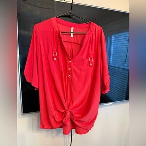 Perseption Red V-Neck Blouse with Front Knot